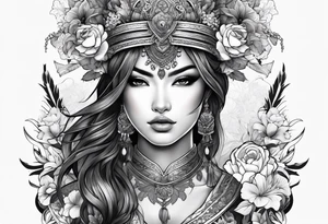 ornate beautiful woman warrior with weapon floral  tattoo tattoo idea