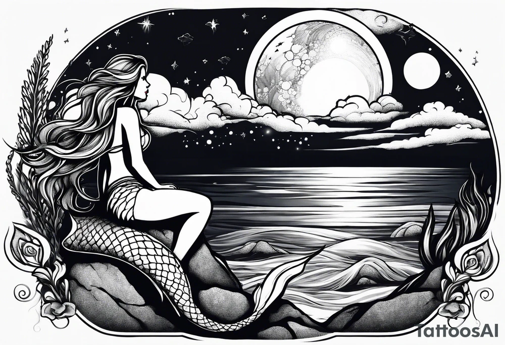 A mermaid on a rock looking out into the night sky and ocean horizon tattoo idea