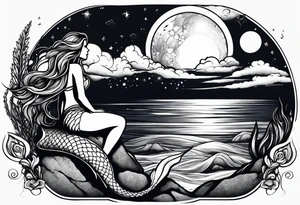 A mermaid on a rock looking out into the night sky and ocean horizon tattoo idea