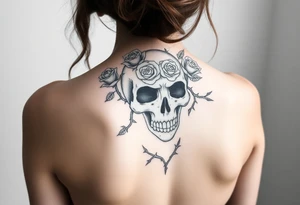 ornate skull adorned with crown of wild roses and thorns tattoo idea