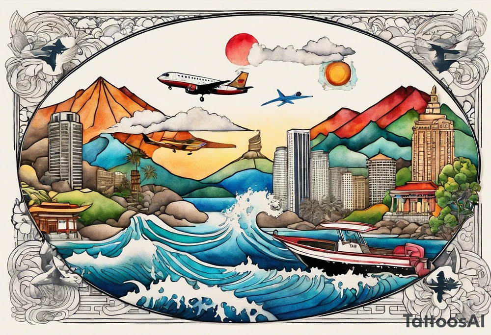 Round Travel collage with San Francisco, mountains, Kansas city skyline and 
Arc de Triomphe, Jamaican beach spilled watercolor and tiny jet plane silhouette and a tiny ski boat in the water tattoo idea