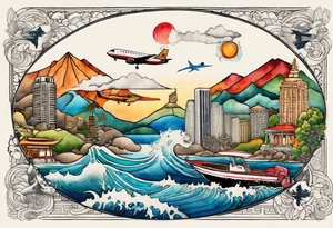 Round Travel collage with San Francisco, mountains, Kansas city skyline and 
Arc de Triomphe, Jamaican beach spilled watercolor and tiny jet plane silhouette and a tiny ski boat in the water tattoo idea