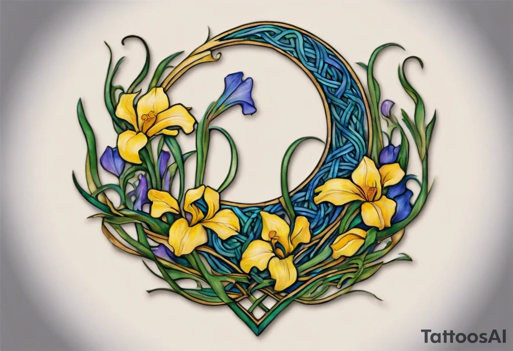 Create a small, colorful Vincent van Gogh Irises tattoo in the form of a crescent, with vines in Celtic knot style gracefully intertwining at a central point in the middle of the wreath. The intended placement is on the upper chest. The middle needs mountains. The overall design should be small in size while maintaining a delicate and artistic aesthetic. Pay attention to the graceful flow of the vines and the placement of the irises to achieve a refined and elegant look. tattoo idea