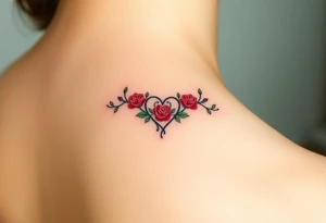 A infinity symbol made out of vine banches with delicate roses and a heart at its center, in soft red and green hues tattoo idea