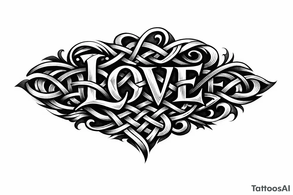 Stylized knotwork: 'love' prominent, 'hate' subtly woven in reverse. tattoo idea