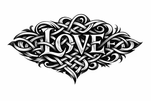 Stylized knotwork: 'love' prominent, 'hate' subtly woven in reverse. tattoo idea