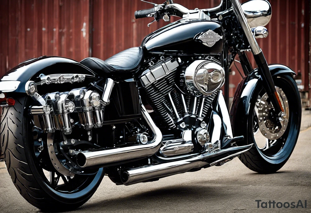 Create a tattoo for a man's chest featuring two cylinder heads (motorcycle engine like a Harley Davidson). The cylinder heads should be partially in cross-section to reveal the pistons, piston rods, valves, and cams. Additionally, part of the engine with the crankshaft should also be in cross-section. You might add a spark or flames to one cylinder (simulating the explosion phase) and perhaps the exhaust phase to the other. Try to prepare the background for potential extension of the tattoo. just engine alone and look from the side tattoo idea