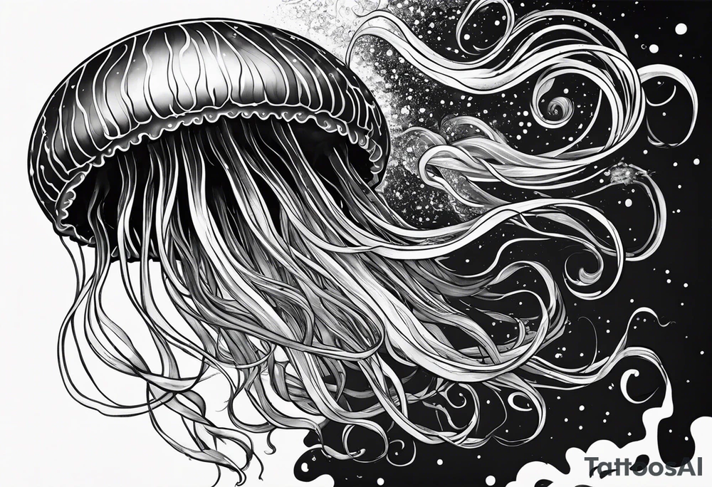 A galaxy inside a mystical jellyfish with long flowing tentacles. Not very wide tattoo idea