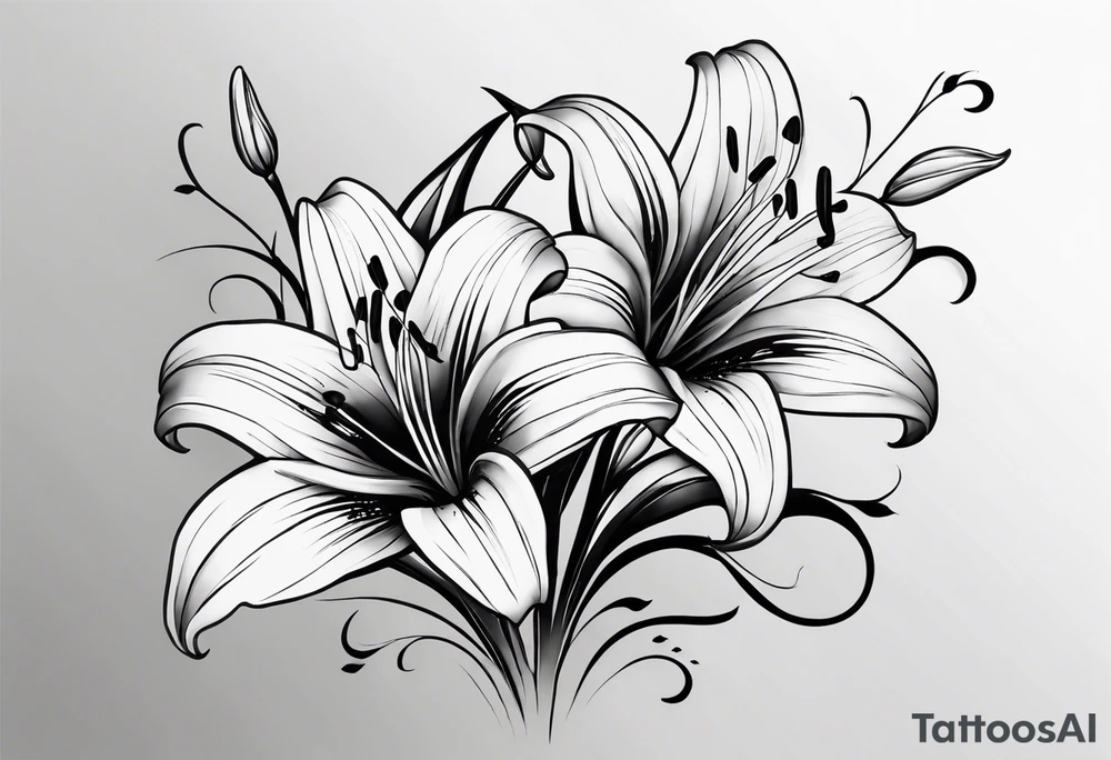 I'm looking for a tattoo design featuring tiger lilies with the initials 'SAC' incorporated into the stems. I envision a black and white style, sleek and minimalist, with clean lines and shading for depth.
Could you recreate this concept with your artistic touch? tattoo idea
