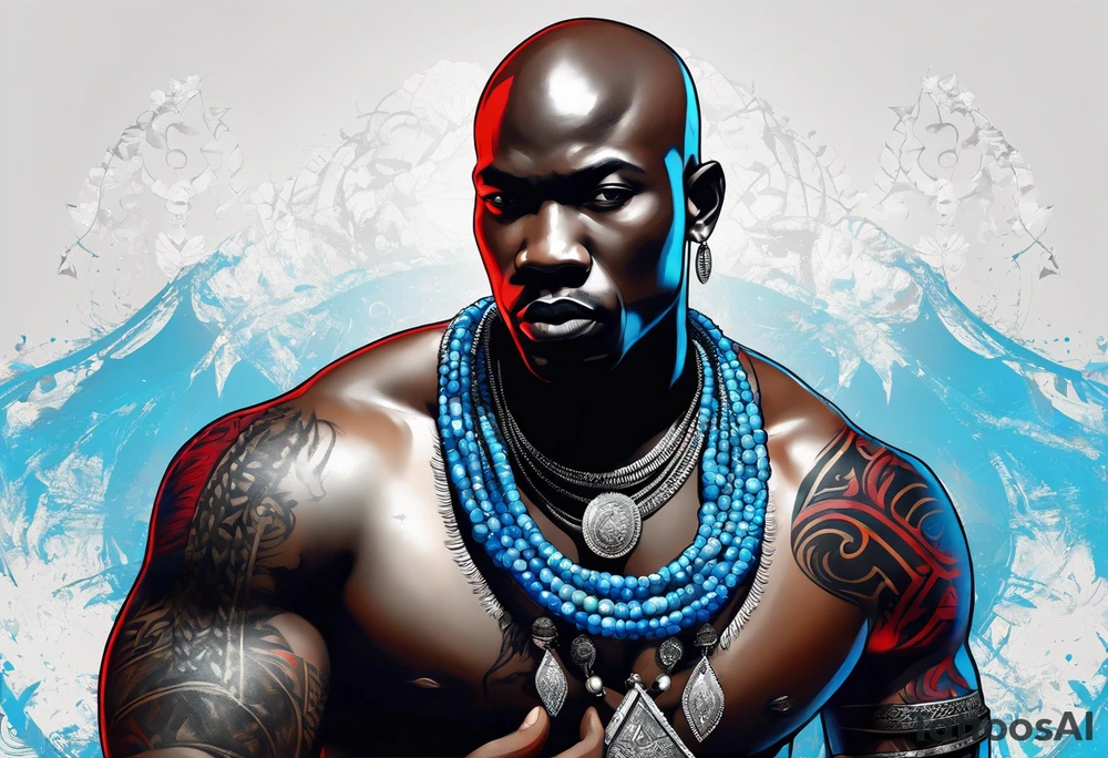 Black-skinned bald african warrior. He has a silver crown. He wears two simple necklaces: one blue, other red. Looking front tattoo idea