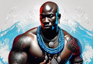 Black-skinned bald african warrior. He has a silver crown. He wears two simple necklaces: one blue, other red. Looking front tattoo idea