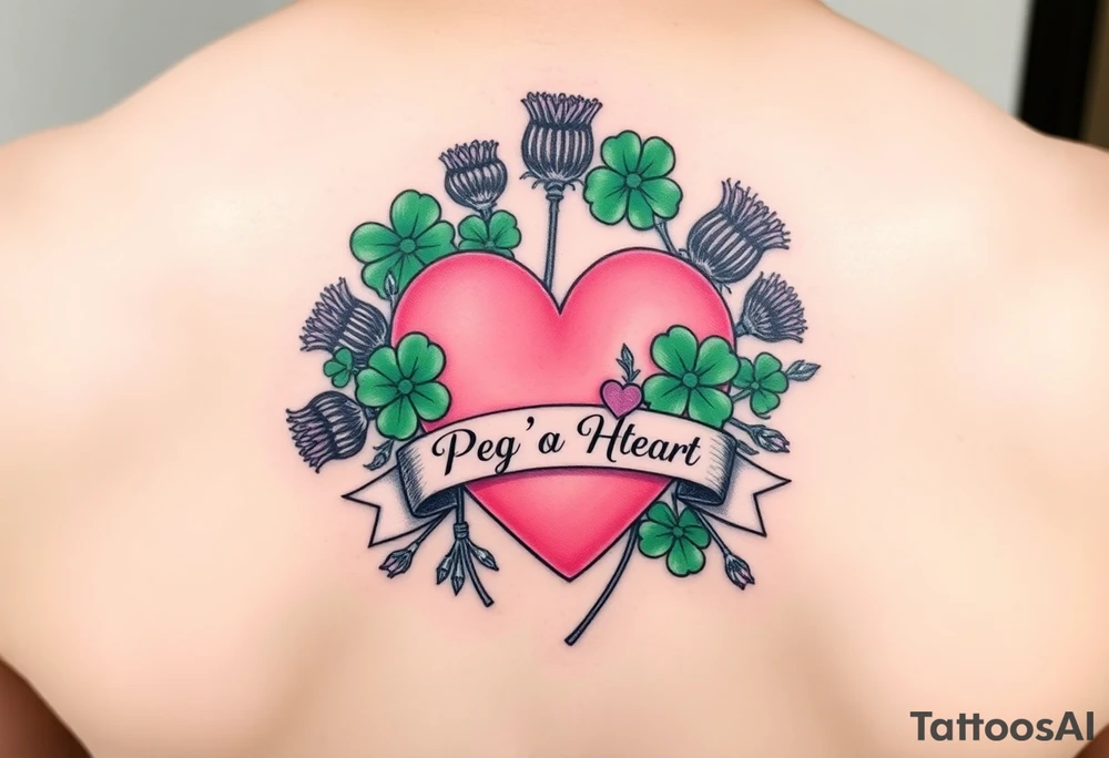 Bunch of Green shamrocks & purple thistles with a big pink heart and a banner across the heart that says " Peg 'o My Heart" tattoo idea