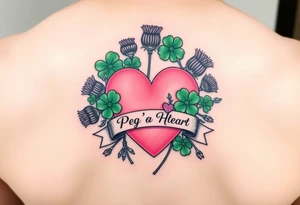 Bunch of Green shamrocks & purple thistles with a big pink heart and a banner across the heart that says " Peg 'o My Heart" tattoo idea