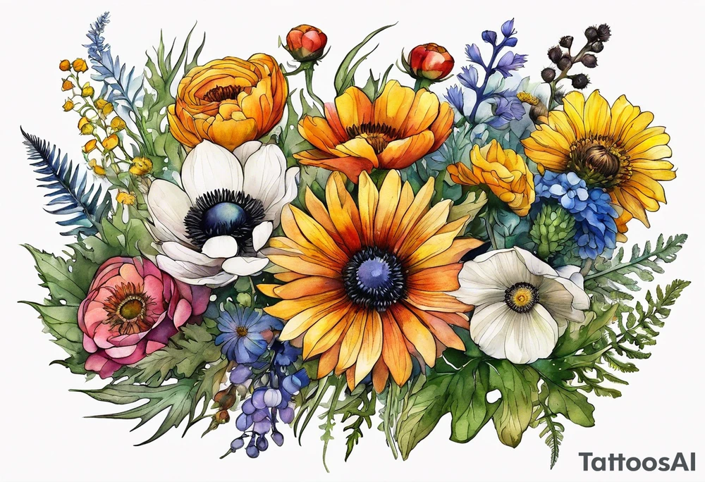 wildflowers with thistles, ferns, ranuculus, white anemones with black center, sun flowers, mixed color flowers and different shapes all in watercolor tattoo idea