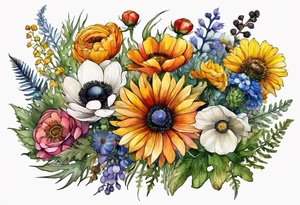 wildflowers with thistles, ferns, ranuculus, white anemones with black center, sun flowers, mixed color flowers and different shapes all in watercolor tattoo idea