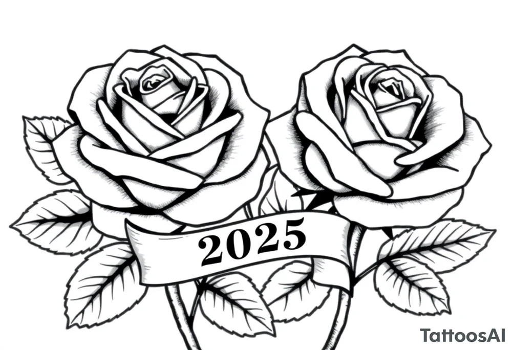 two beautiful large rose buds, one larger than the other, with lots and lots of leaves next to the rose buds, with one sitting slightly higher than the other, side-by-side.  Include a banner connecting the two roses with the year 2025 on it.   Use dark outlines with little shading. No stems tattoo idea