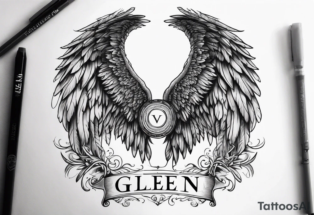 Angel Wings with the word Glenn in between tattoo idea
