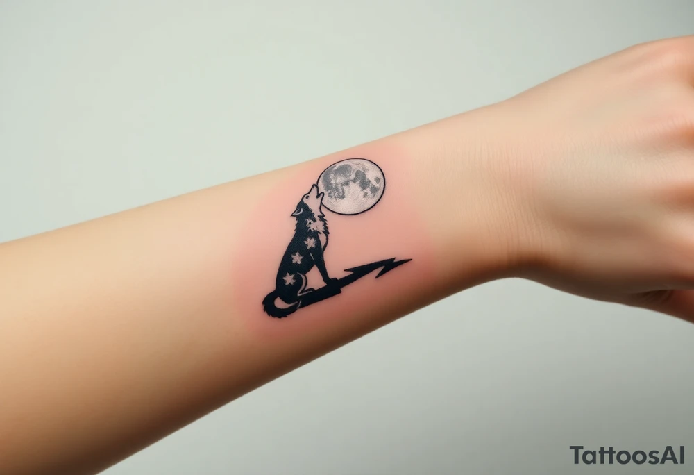 lone wolf howling at full moon with northern lights backdrop tattoo idea