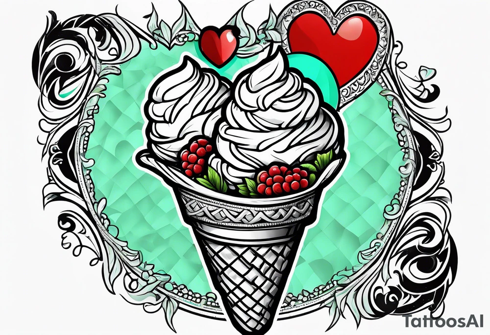 mint chocolate chip ice cream cone with small red heart on it somewhere. tattoo idea