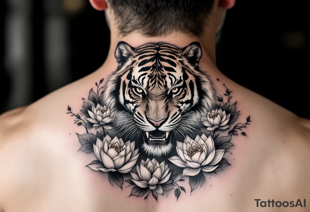 fierce tiger emerging through blooming lotus flowers in mist tattoo idea