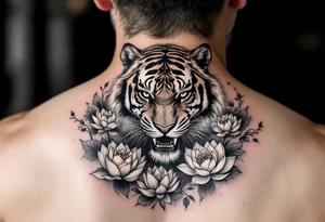 fierce tiger emerging through blooming lotus flowers in mist tattoo idea