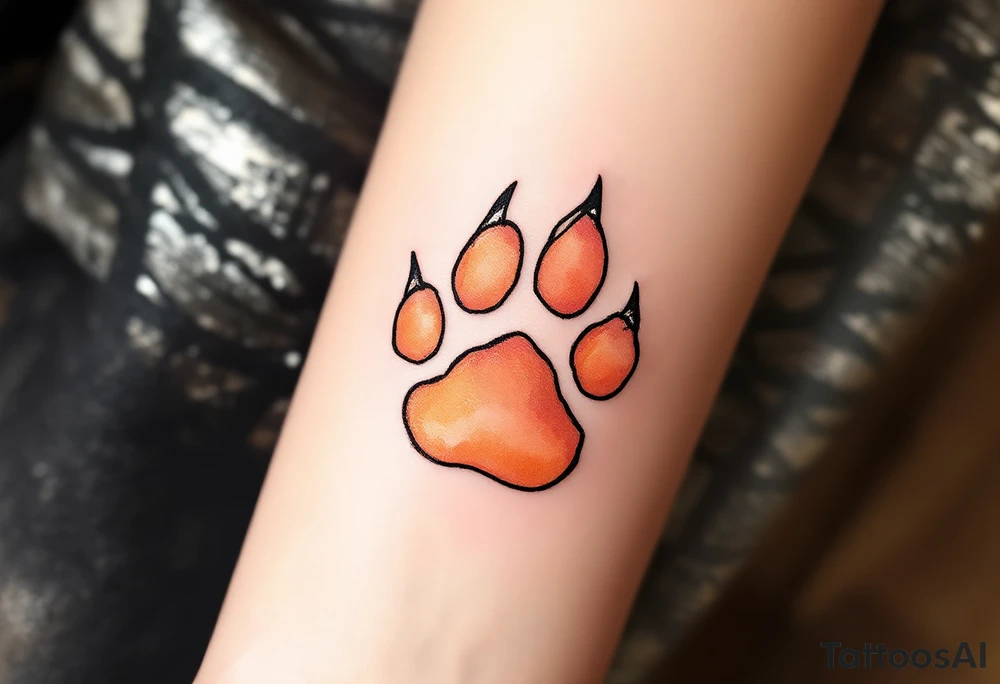 Watercolor Fox Paw – A delicate fox paw outlined in black, filled with watercolor blends of orange, red, and soft brown, symbolizing cleverness and adaptability. tattoo idea