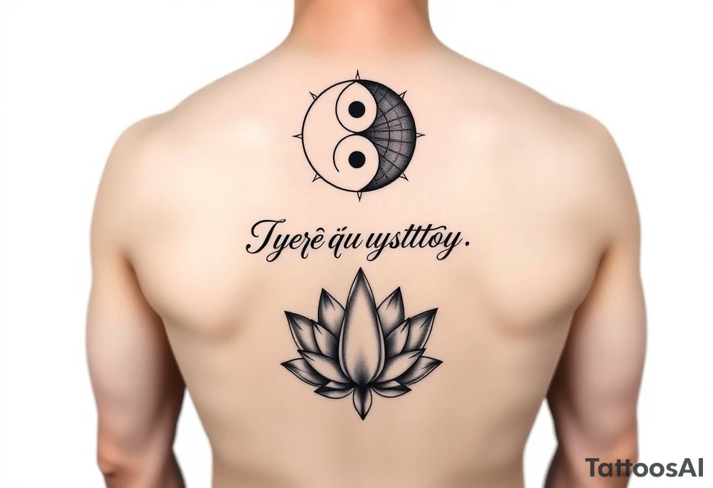 "Geometric sleeve where:  
- Top: Yin-yang symbol made of gun parts  
- Middle: Flowing text *"Стреляй в пустоту"* in Cyrillic calligraphy  
- Bottom: Minimalist lotus with 8 bullet casings as petals" tattoo idea