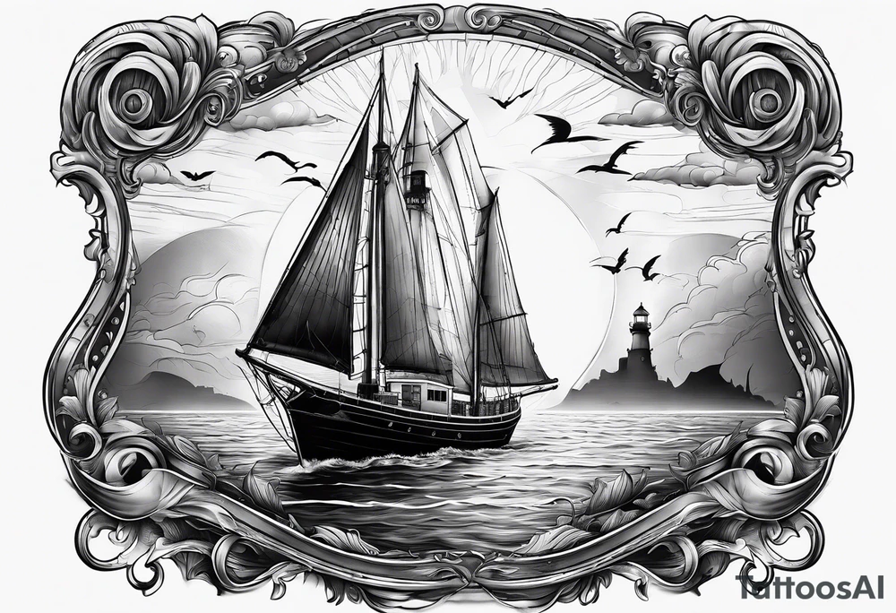 ghost marine lighthouse behind the bow of a sailboat. tattoo idea