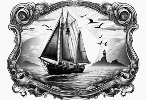ghost marine lighthouse behind the bow of a sailboat. tattoo idea