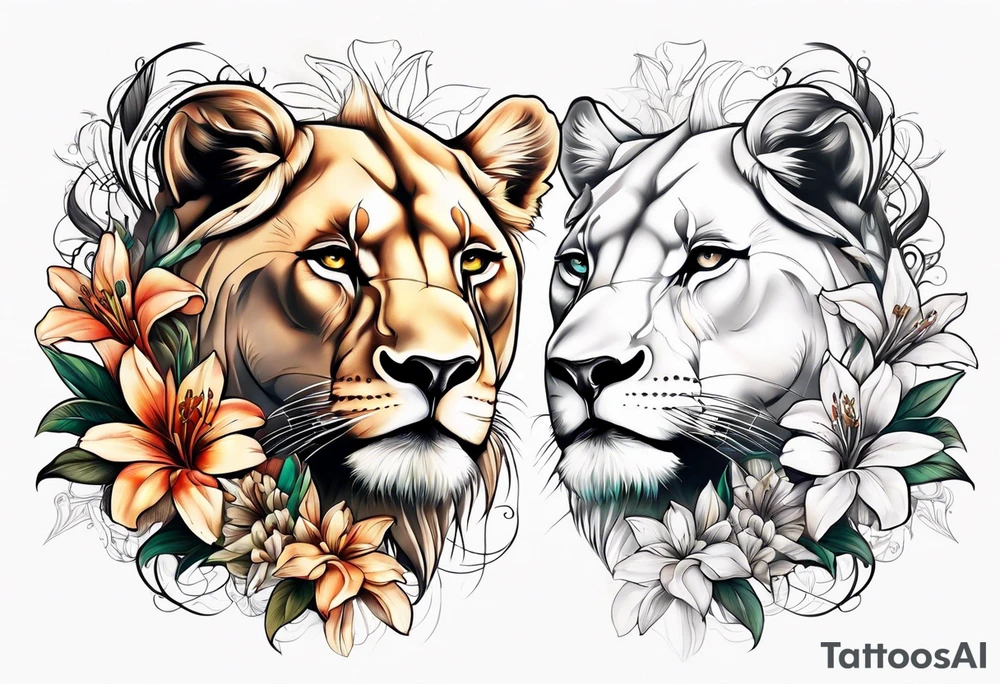 Lioness with lilies tattoo idea