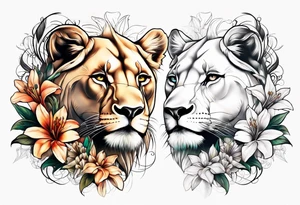 Lioness with lilies tattoo idea