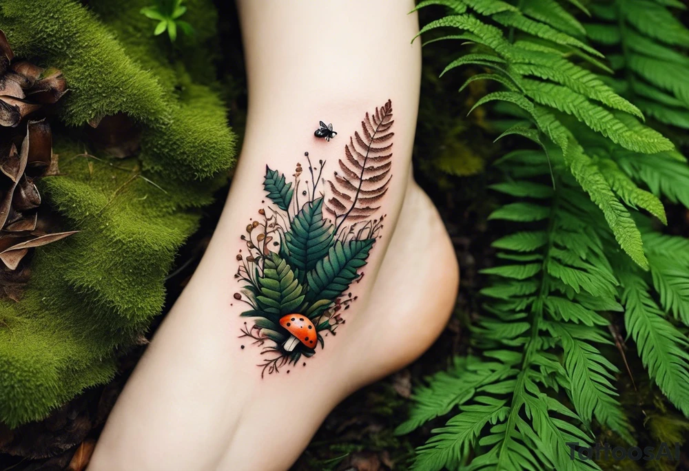 minimalistic forest floor inspired tattoo, which includes grass, moss, curly ferns and dead leaves as the bulk of the tattoo. details to include: forest berries, couple of very small brown mushrooms, a tiny bumblebee flying nearby tattoo idea