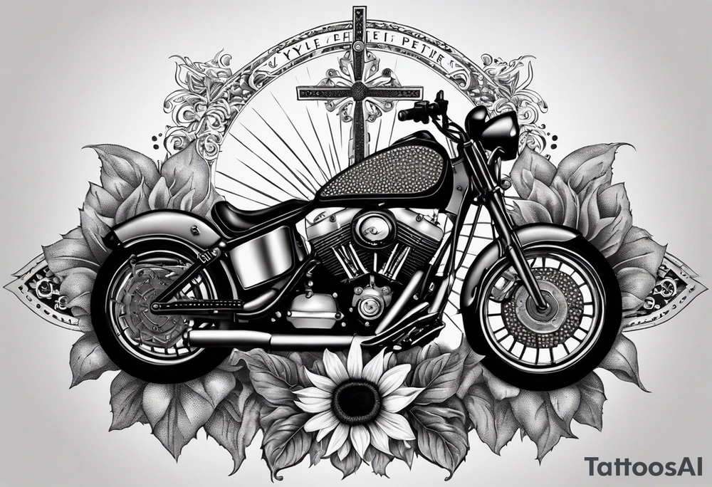 A central cross with the names Kyle Peter Lori on it with lighting a motorcycle and a sunflower around it tattoo idea