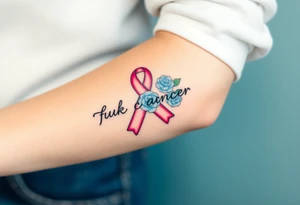 Pretty pink Cancer ribbon that says "fuck cancer"with 3 light blue
roses tattoo idea