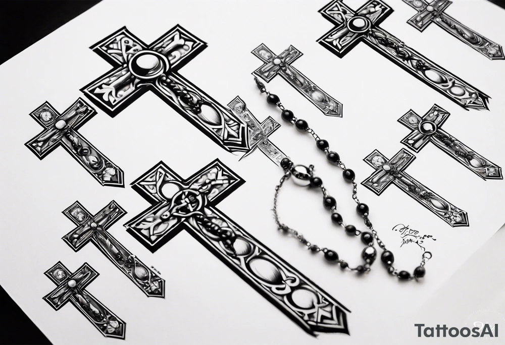 men’s arm sleeve, rosary, the name Peters, 1997, cross tattoo idea