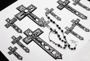 men’s arm sleeve, rosary, the name Peters, 1997, cross tattoo idea