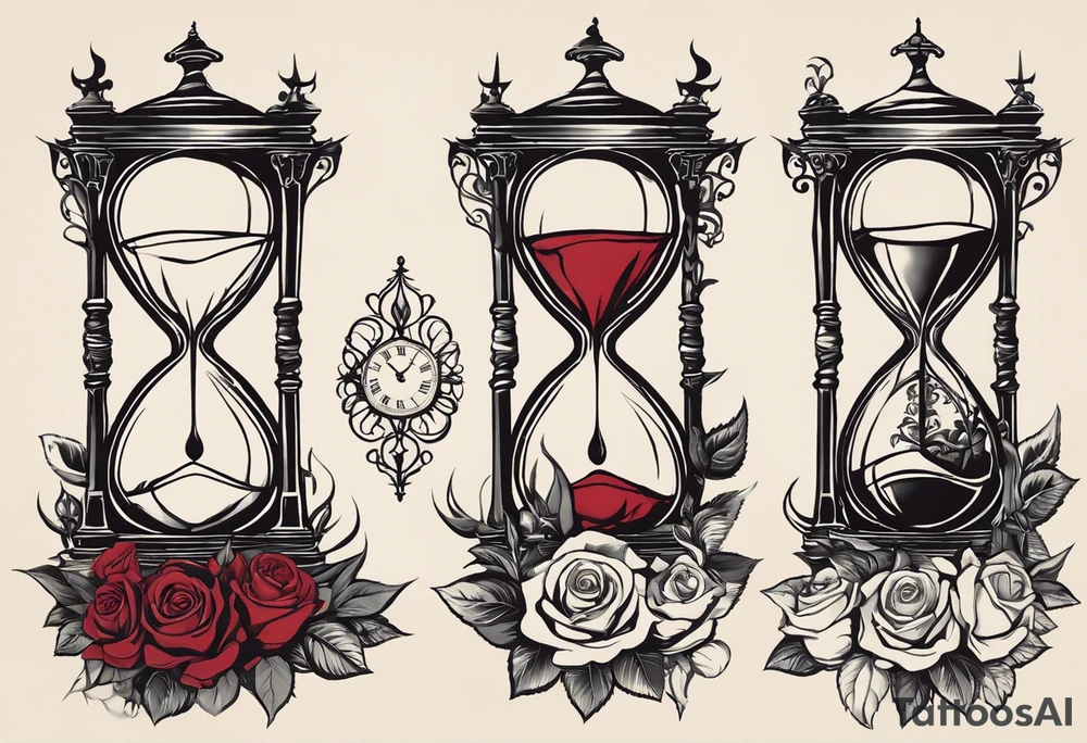 I want a tattoo-inspired design for a t-shirt that features a striking hourglass with a hand clock in the center, where the clock numbers are Amazigh numerals. The hourglass should have a bold, detailed look, with sharp lines and shading. Thorny roses should wrap tightly around the hourglass, with their vines and thorns creating a sense of depth and movement. Planets and stars should be incorporated in a way that they appear to orbit or emerge from behind the hourglass, giving the design a cosmic, timeless feel. The overall aesthetic should be bold and detailed, similar to blackwork tattoo designs, with a mix of natural and celestial elements." tattoo idea