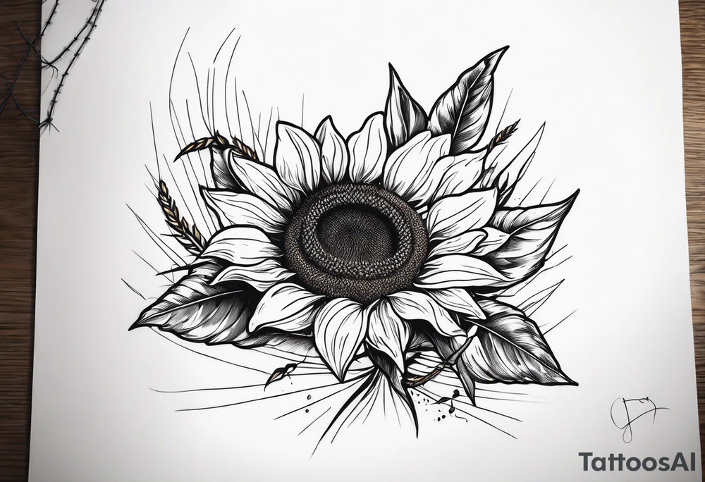 Sunflower, wheat, and barbed wire half sleeve tattoo idea