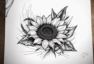 Sunflower, wheat, and barbed wire half sleeve tattoo idea