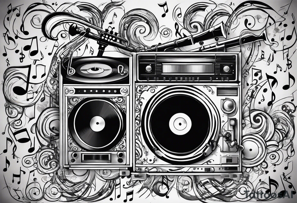music notes surrounded by a record, a cassette tape, and saxophone parts tattoo idea