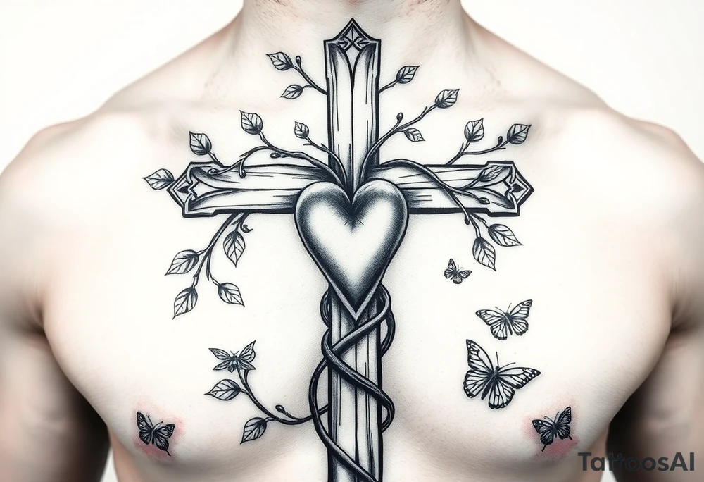 powerful majestic cross on the front of the body center to the chest with vines closely wrapped around the cross representing life and a heart within the cross being held like a chain from the cross and other symbols of life like insects and birds butterflies tattoo idea