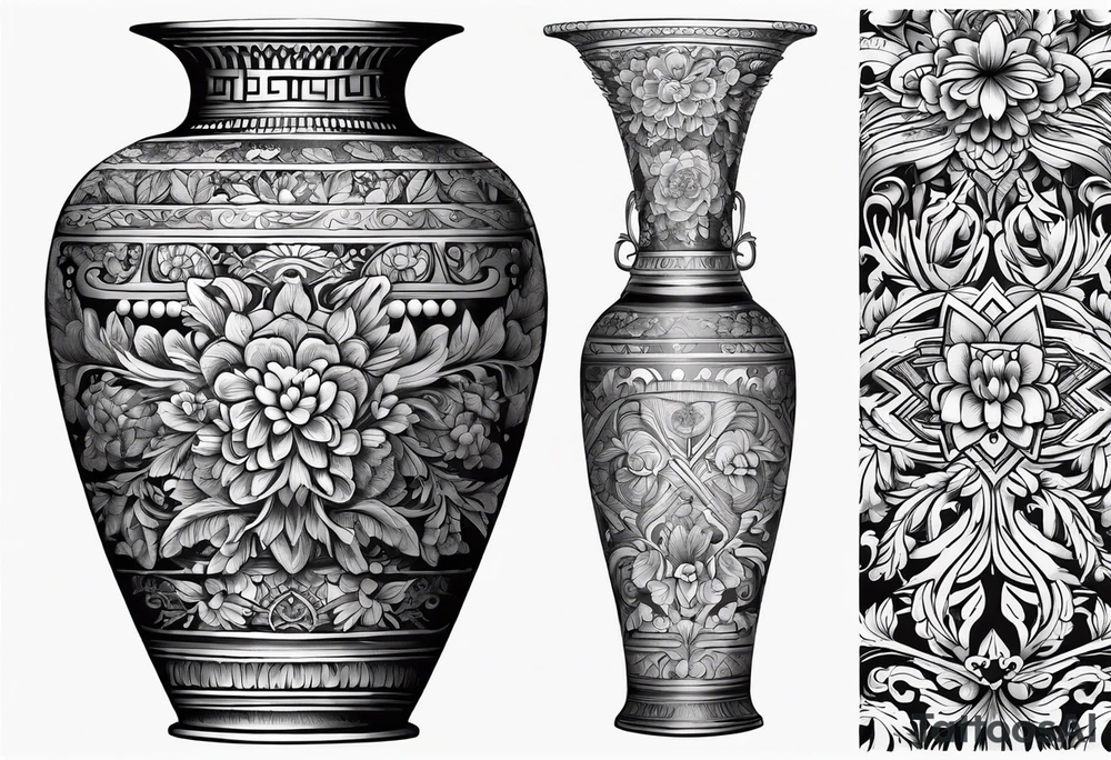 Traditional vase with patterns and flowers tattoo idea