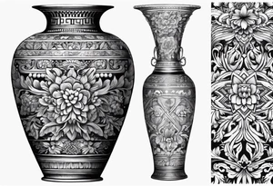 Traditional vase with patterns and flowers tattoo idea