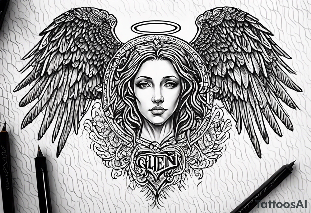 Angel Wings with the word Glenn in between tattoo idea