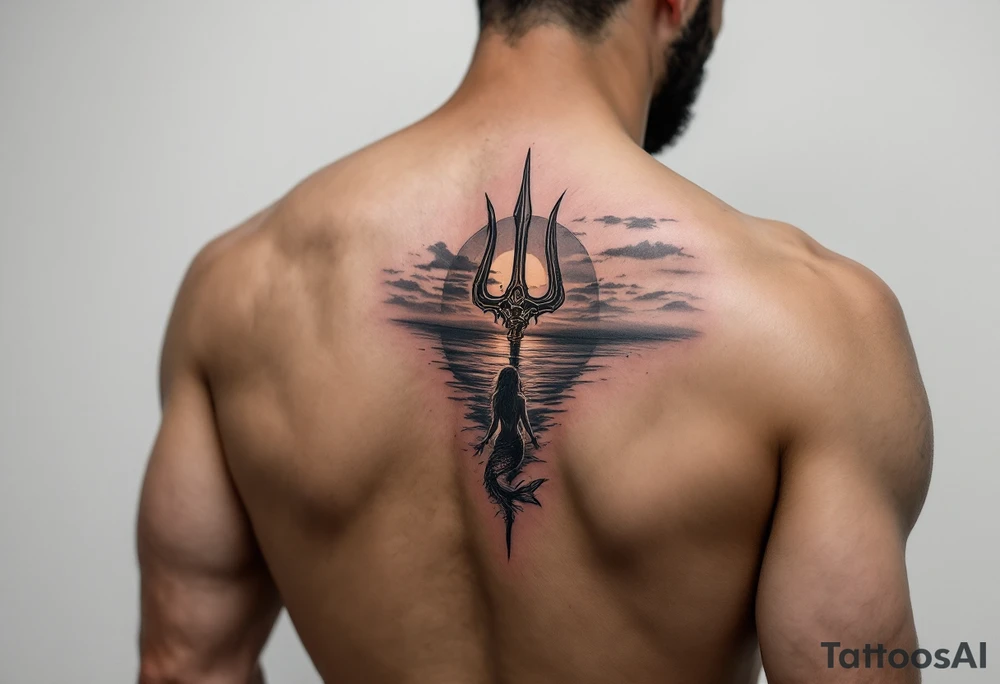 trident half way under calm water with sunset and mermaid tattoo idea