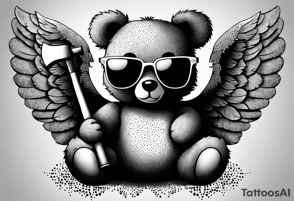 Teddy bear with wings wearing big sunglasses holding a sledgehammer tattoo idea
