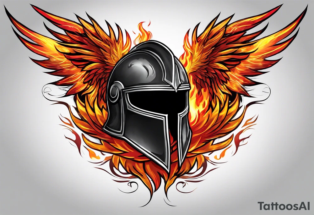 A Spartan Helmet with a phoenix engulfed in fire encompassing it. The head of the phoenix would be above it and the wings would go around it and the tail would be below it. Fire would be tattoo idea