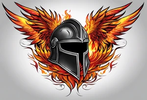 A Spartan Helmet with a phoenix engulfed in fire encompassing it. The head of the phoenix would be above it and the wings would go around it and the tail would be below it. Fire would be tattoo idea
