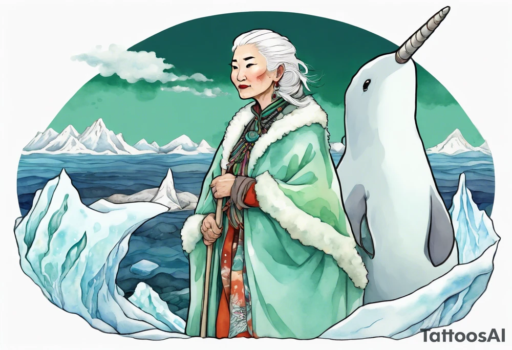 a 55-year-old Sami woman with white  hair wearing a white and mint cloak standing on an iceberg with one narwhal in the background tattoo idea