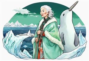 a 55-year-old Sami woman with white  hair wearing a white and mint cloak standing on an iceberg with one narwhal in the background tattoo idea
